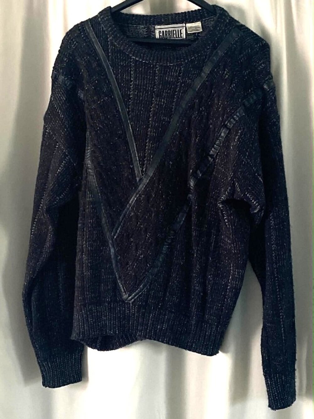 Vintage Gabrielle Black Knit Sweater Genuine Leather Trim Size Large
